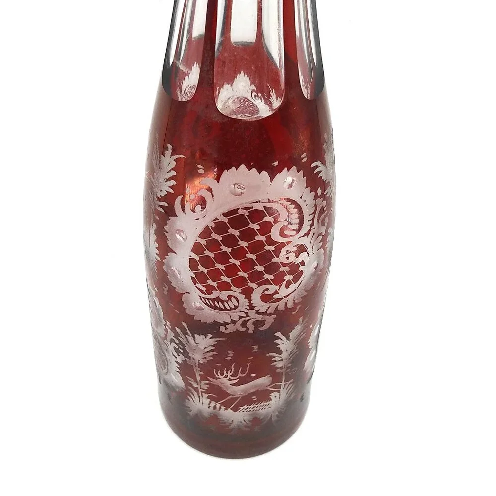 Czechoslovakia 15" Decanter Christmas Holiday Cranberry Red Crystal Cut to clear - Picture 6 of 10